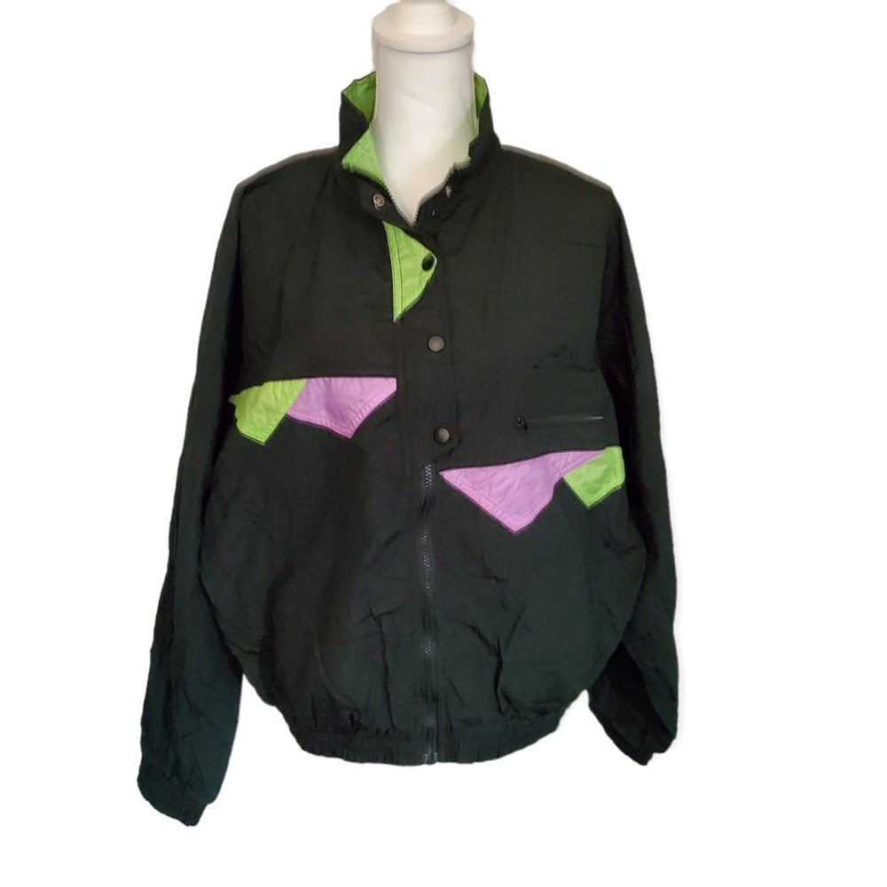 Vtg. Puma Track Jacket Windbreaker Nylon Black w/ Chartreuse Pink Womens Large